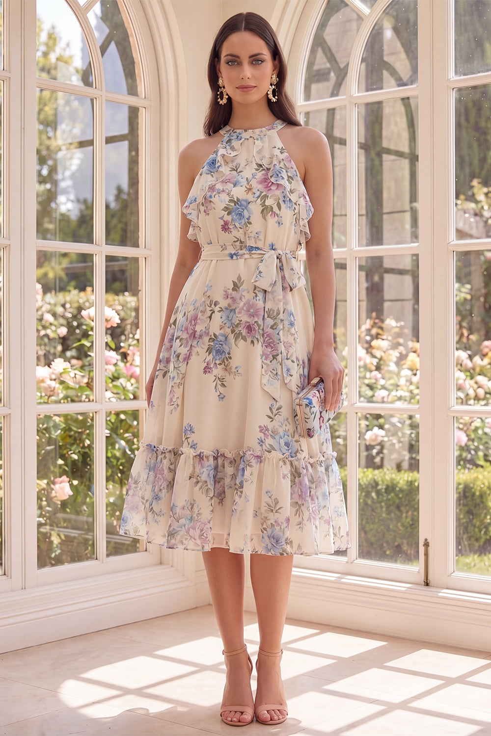 Floral Halter Apricot A Line Midi Ruffled Beach Wedding Guest Dress with Bow