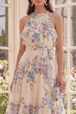 Floral Halter Apricot A Line Midi Ruffled Beach Wedding Guest Dress with Bow