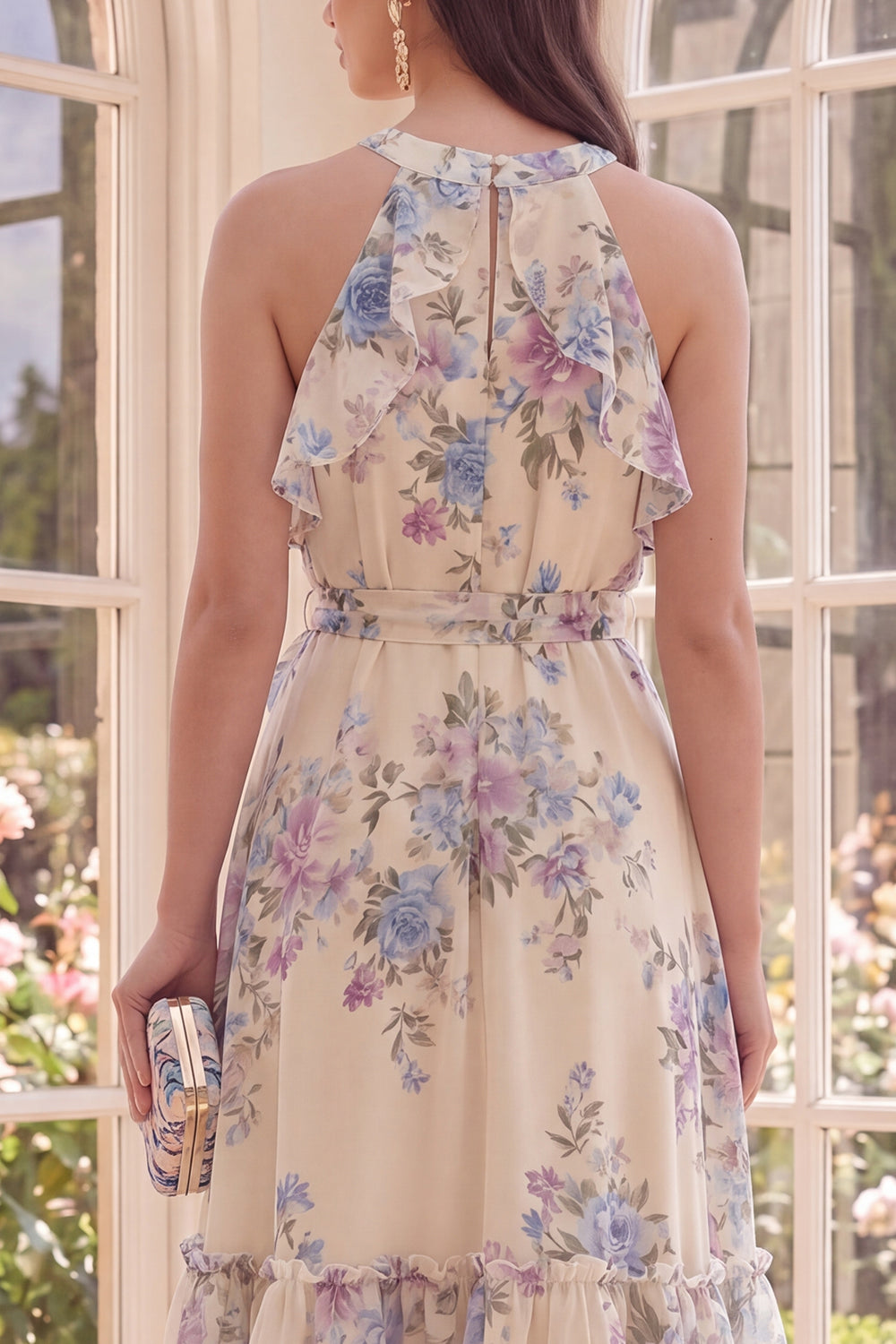 Floral Halter Apricot A Line Midi Ruffled Beach Wedding Guest Dress with Bow