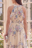 Floral Halter Apricot A Line Midi Ruffled Beach Wedding Guest Dress with Bow