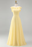 Boat Neck A Line Dusty Blue Long Beach Bridesmaid Dress with Ruffles