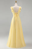 Boat Neck A Line Dusty Blue Long Beach Bridesmaid Dress with Ruffles