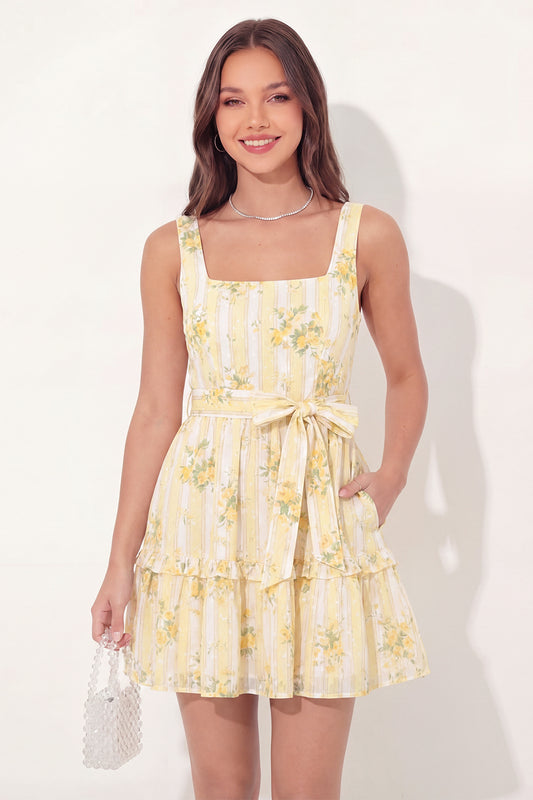 ZAPAKASA Women Butter Yellow Short Floral Graduation Dress with Pockets A  Line Square Neck Beach Summer Dress with Belt