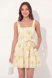 Butter Yellow Square Neck A Line Floral Short Graduation Dress with Pockets