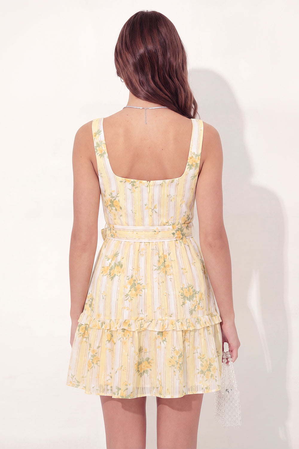 ZAPAKASA Women Butter Yellow Short Floral Graduation Dress with Pockets A  Line Square Neck Beach Summer Dress with Belt