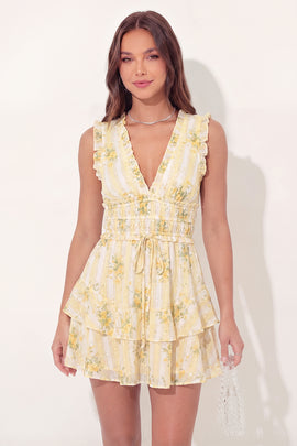 V-Neck Butter Yellow A Line Floral Short Graduation Dress with Ruffles