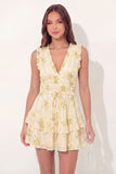 V-Neck Butter Yellow A Line Floral Short Graduation Dress with Ruffles