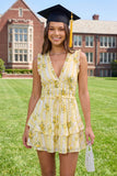 V-Neck Butter Yellow A Line Floral Short Graduation Dress with Ruffles