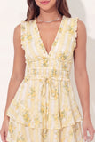 V-Neck Butter Yellow A Line Floral Short Graduation Dress with Ruffles
