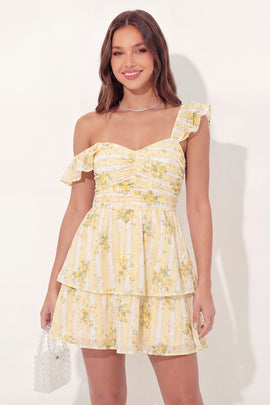 A Line Butter Yellow Thick Straps Floral Short Graduation Dress with Ruffles