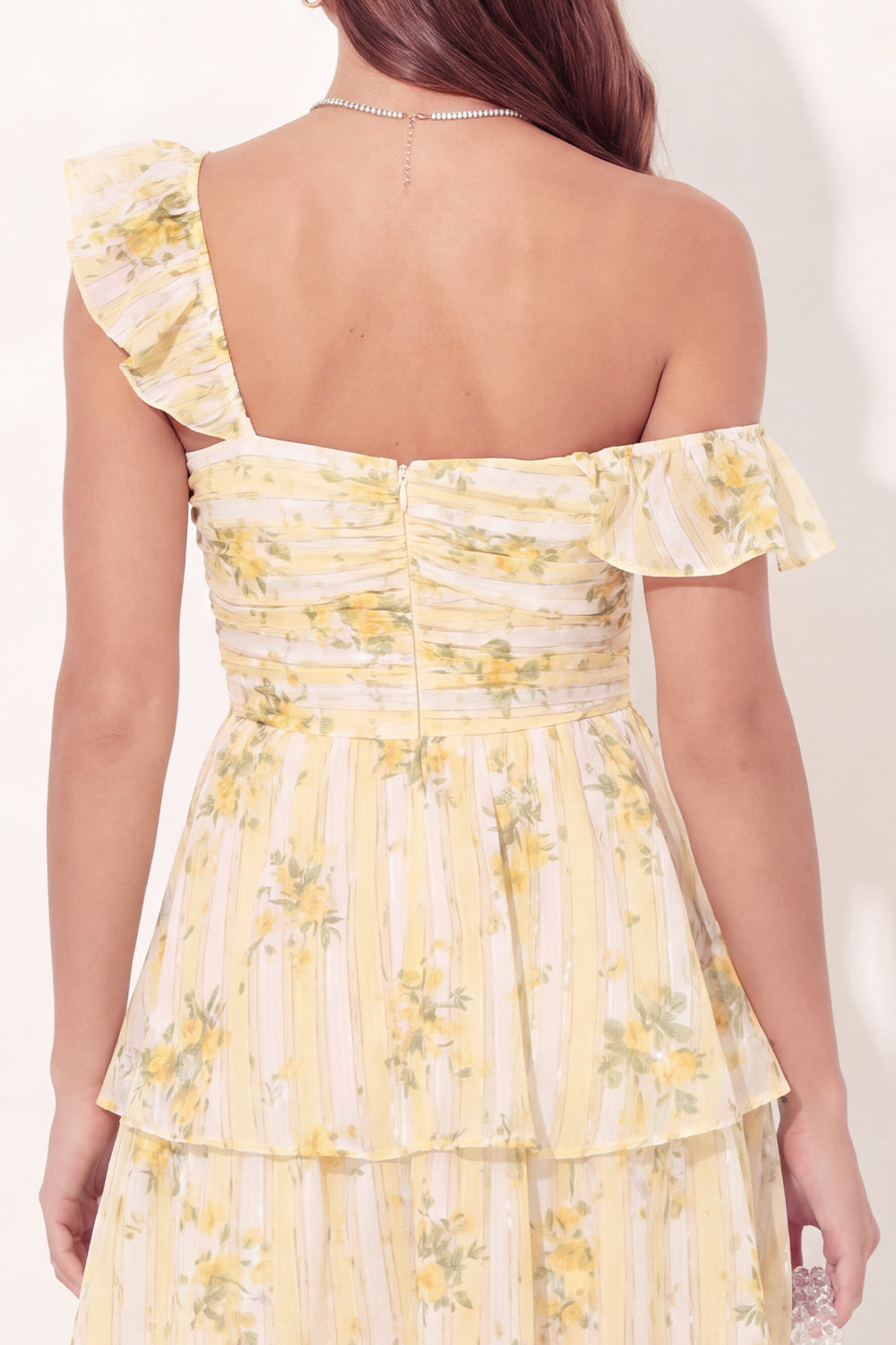 A Line Butter Yellow Thick Straps Floral Short Graduation Dress with Ruffles
