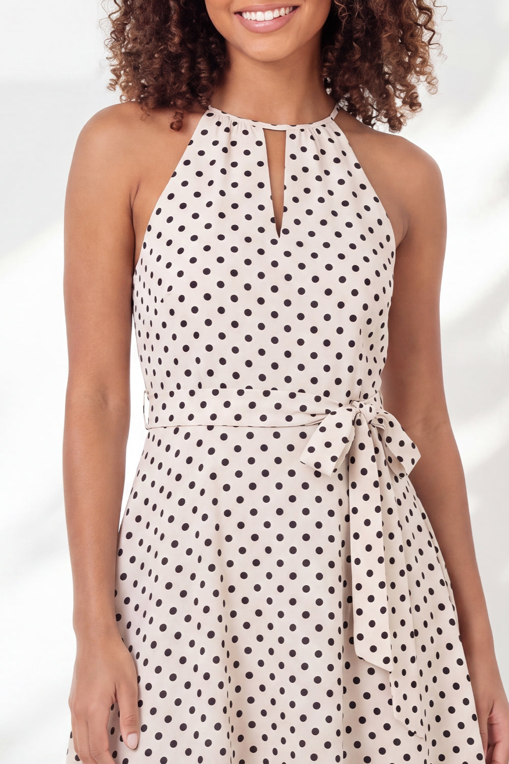 Black and White Halter Keyhole A Line Polka Dots Short Graduation Dress with Belt