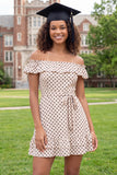 Off the Shoulder Ruffled A Line Black and White Polka Dots Short Graduation Dress with Belt