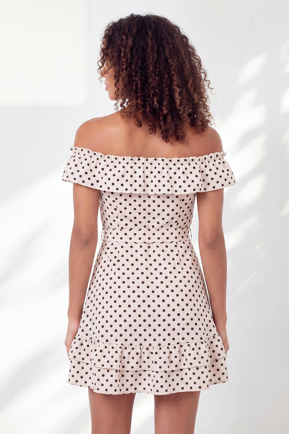 Off the Shoulder Ruffled A Line Black and White Polka Dots Short Graduation Dress with Belt