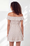 Off the Shoulder Ruffled A Line Black and White Polka Dots Short Graduation Dress with Belt
