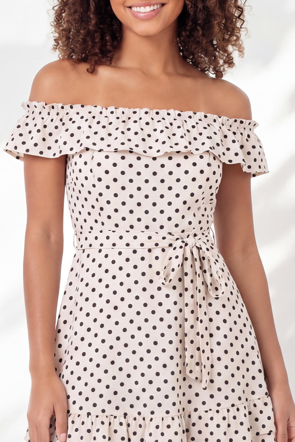 Off the Shoulder Ruffled A Line Black and White Polka Dots Short Graduation Dress with Belt