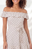 Off the Shoulder Ruffled A Line Black and White Polka Dots Short Graduation Dress with Belt