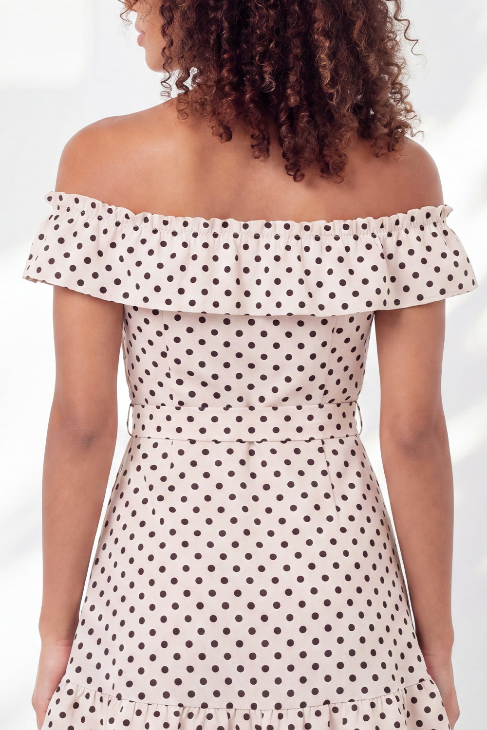 Off the Shoulder Ruffled A Line Black and White Polka Dots Short Graduation Dress with Belt