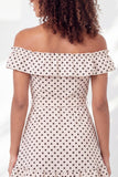 Off the Shoulder Ruffled A Line Black and White Polka Dots Short Graduation Dress with Belt