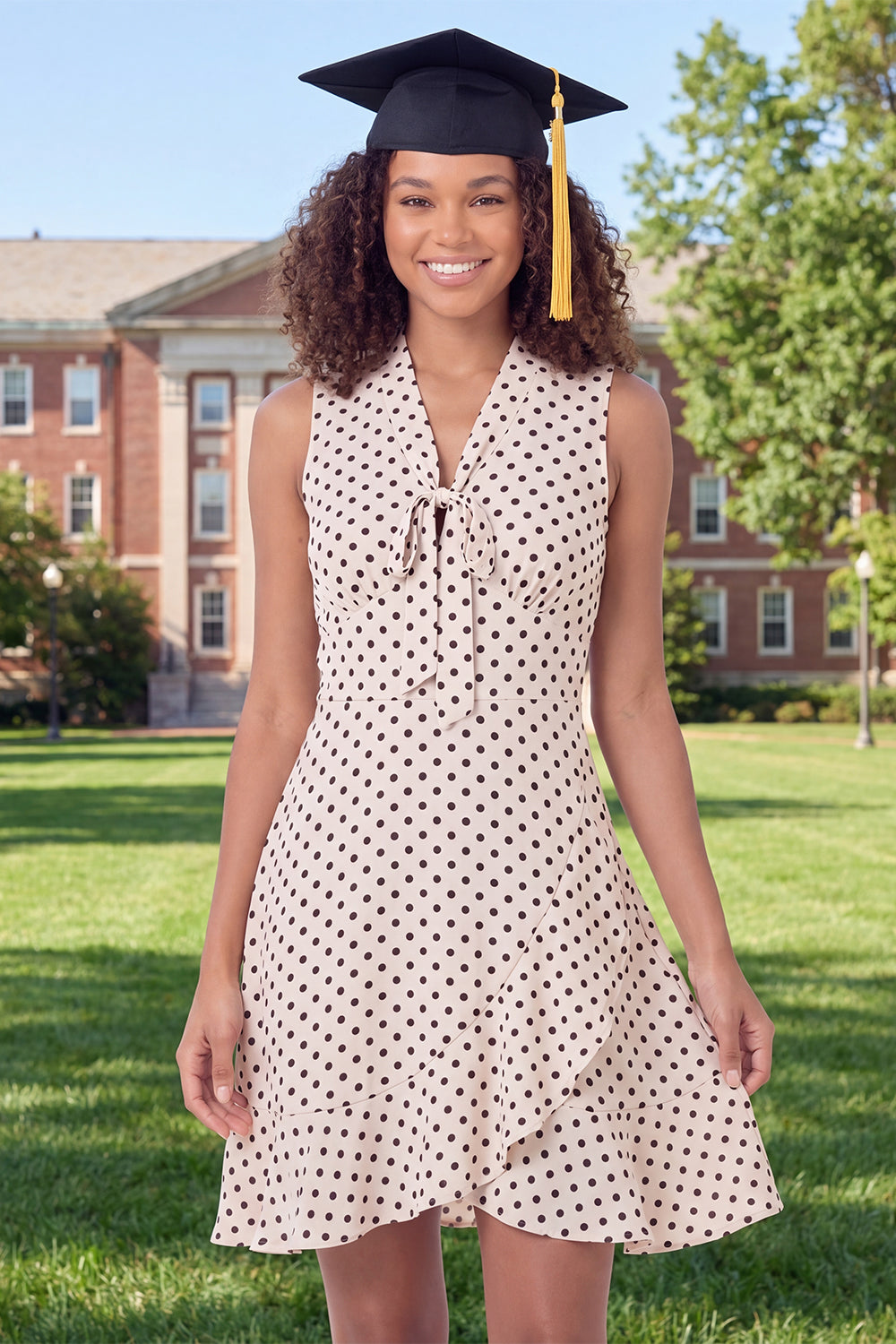 Short A Line V-Neck Black and White Polka Dots Graduation Dress with Ruffles