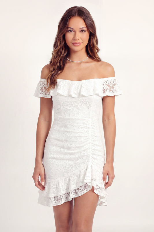 ZAPAKASA Women White Lace Short Floral Graduation Dress with Ruffles Off  the Shoulder Ruched Bachelorette Dress