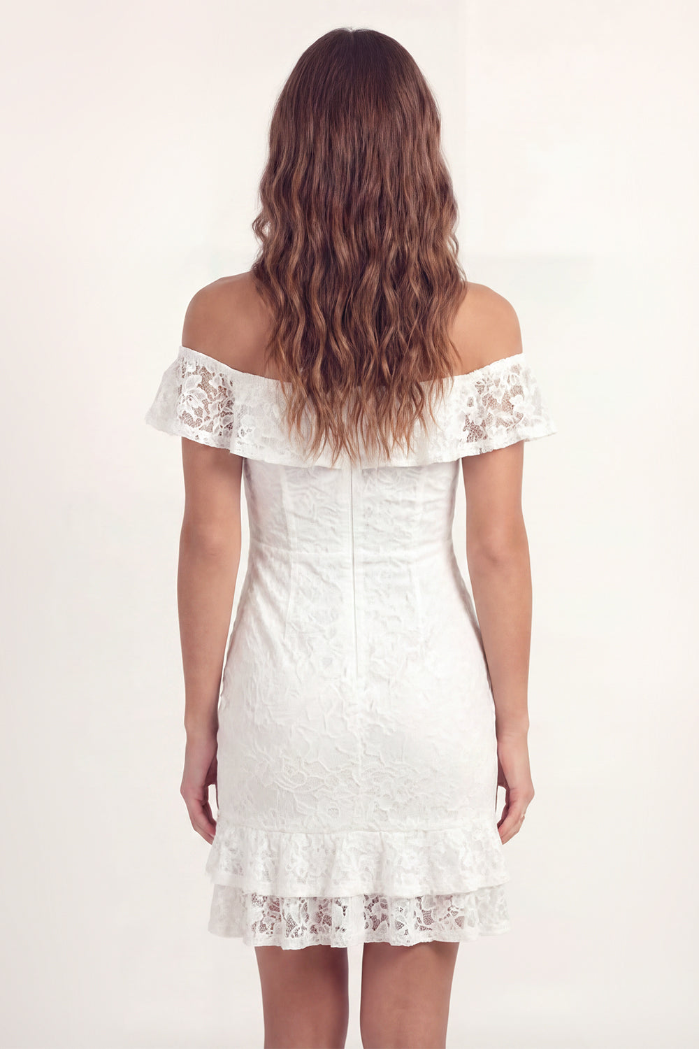 ZAPAKASA Women White Lace Short Floral Graduation Dress with Ruffles Off the Shoulder Ruched Bachelorette Dress ZAPAKASA Women White Lace Short Floral Graduation Dress with Ruffles Off the Shoulder Ruched Bachelorette Dress