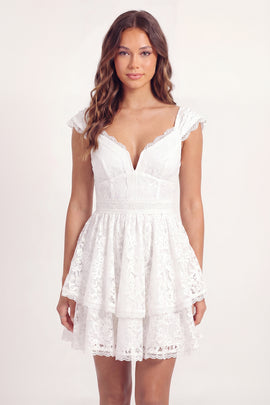 Cap Sleeves V-Neck White Lace Floral Short A Line Graduation Dress