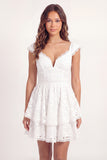 Cap Sleeves V-Neck White Lace Floral Short A Line Graduation Dress