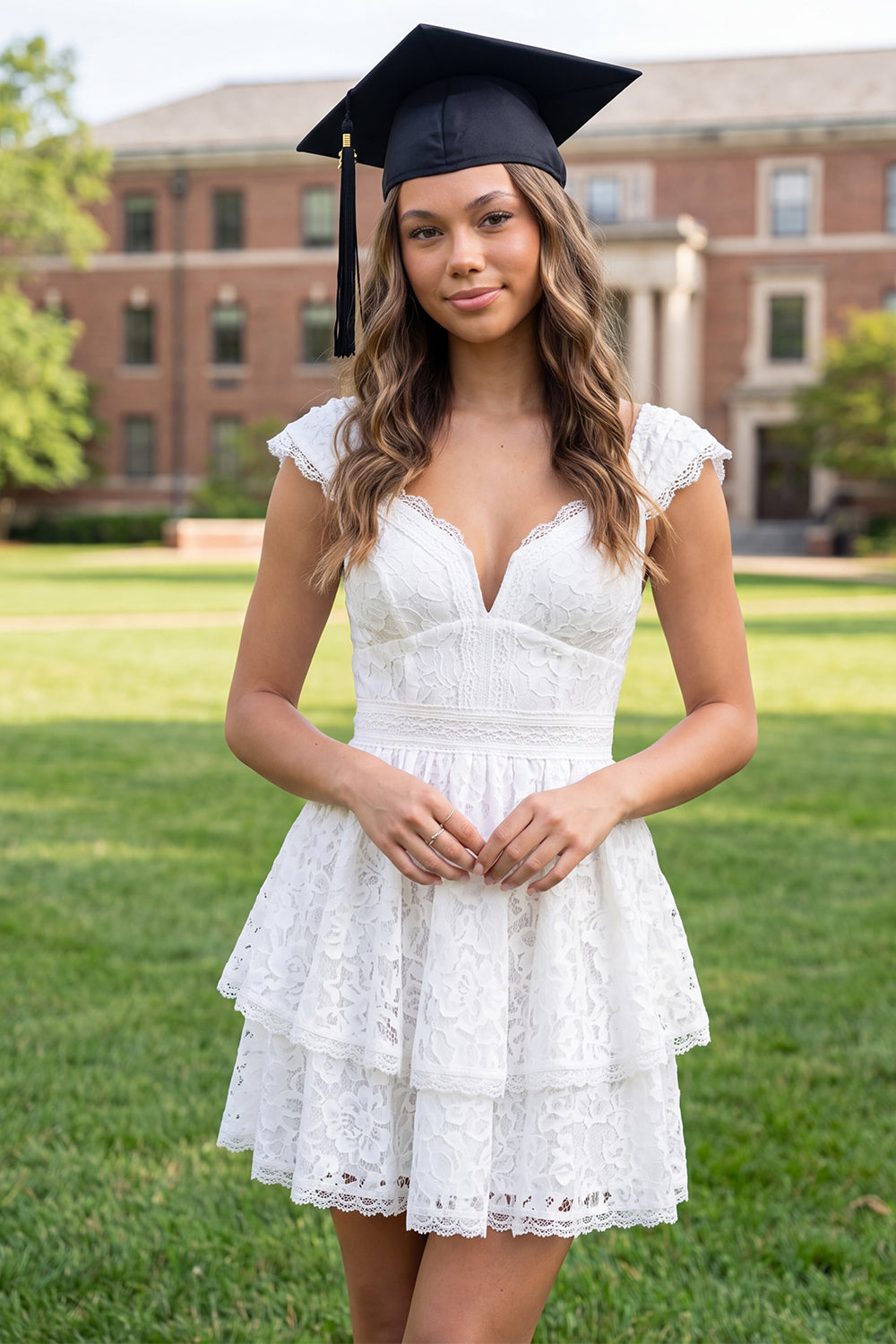 ZAPAKASA Women White Lace Short Floral Graduation Dress V-Neck Cap