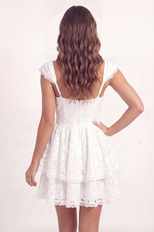 Cap Sleeves V-Neck White Lace Floral Short A Line Graduation Dress