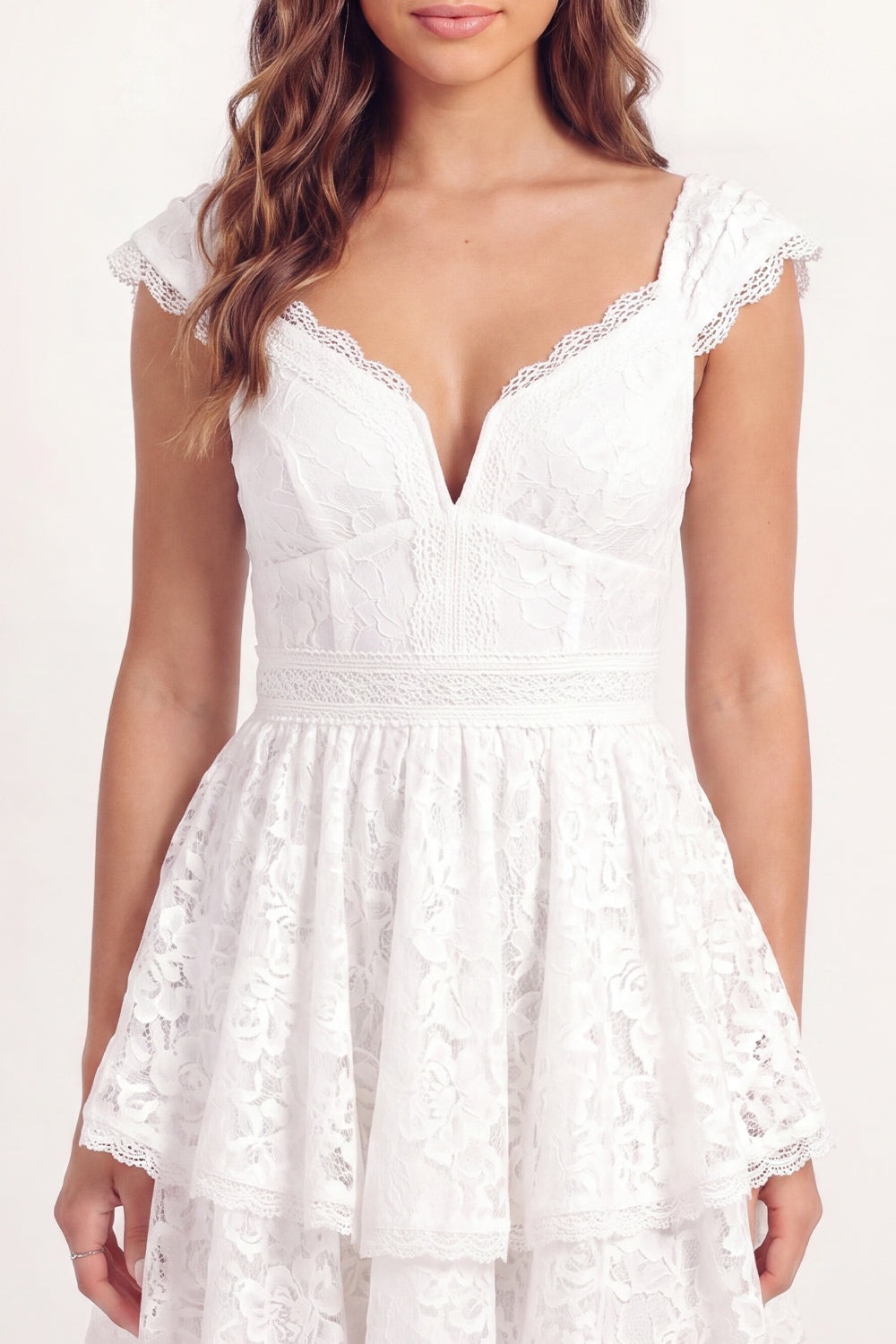 Cap Sleeves V-Neck White Lace Floral Short A Line Graduation Dress