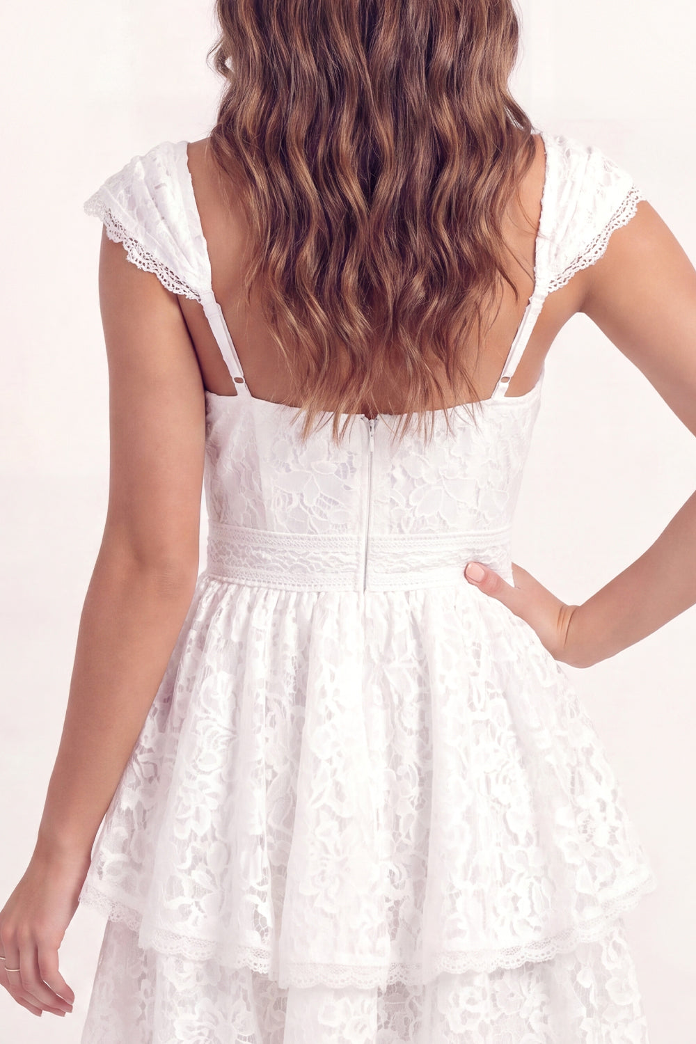 Cap Sleeves V-Neck White Lace Floral Short A Line Graduation Dress