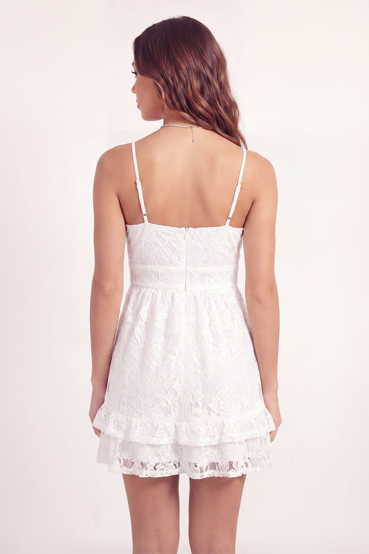 Spaghetti Straps White Lace Floral Short A Line Graduation Dress with Ruffles