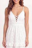 Spaghetti Straps White Lace Floral Short A Line Graduation Dress with Ruffles