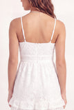 Spaghetti Straps White Lace Floral Short A Line Graduation Dress with Ruffles