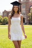 White Lace Floral Short Spaghetti Straps Graduation Dress with Ruffles