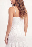 White Lace Floral Short Spaghetti Straps Graduation Dress with Ruffles
