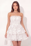 Strapless Ruched White Floral Short A Line Graduation Dress with Ruffles