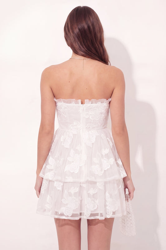 Strapless Ruched White Floral Short A Line Graduation Dress with Ruffles