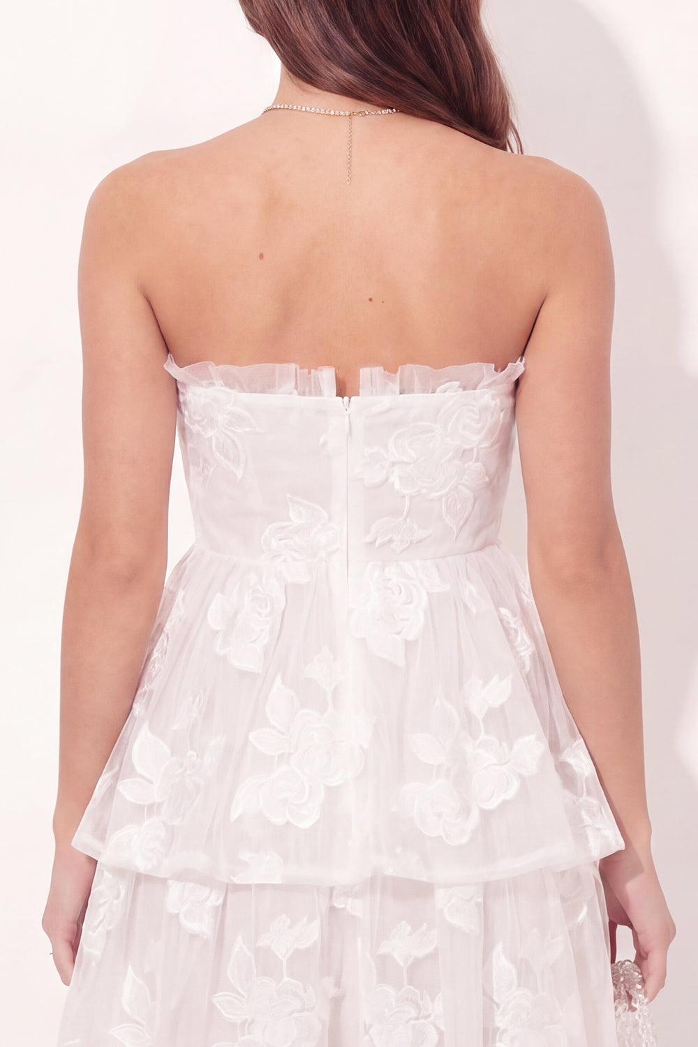 Strapless Ruched White Floral Short A Line Graduation Dress with Ruffles