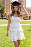 Floral White Short A Line Spaghetti Straps Graduation Dress with Ruffles