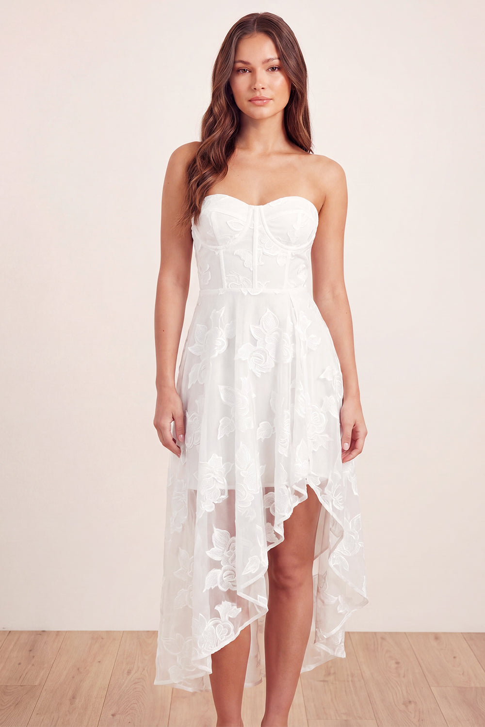Basque Waist Corset Floral White Maxi A Line Graduation Dress with Ruffles