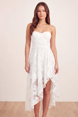 Basque Waist Corset Floral White Maxi A Line Graduation Dress with Ruffles