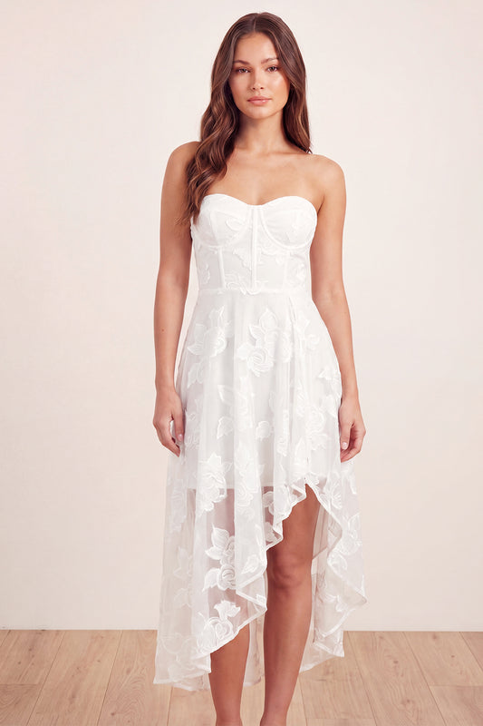 ZAPAKASA Women White Maxi Floral Graduation Dress with Ruffles Basque Waist  Strapless Rehearsal Dinner Dress with Slit