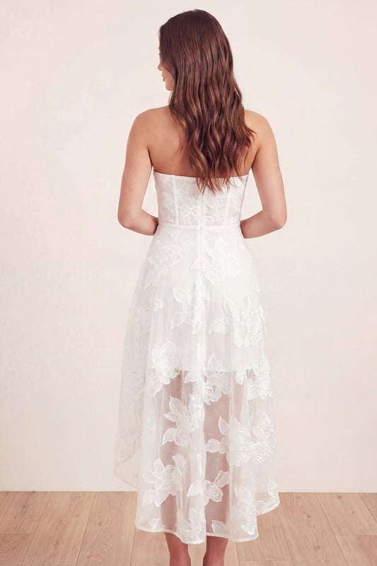 Basque Waist Corset Floral White Maxi A Line Graduation Dress with Ruffles