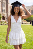 V-Neck Ruffled Floral White Short A Line Ruched Graduation Dress with Lace