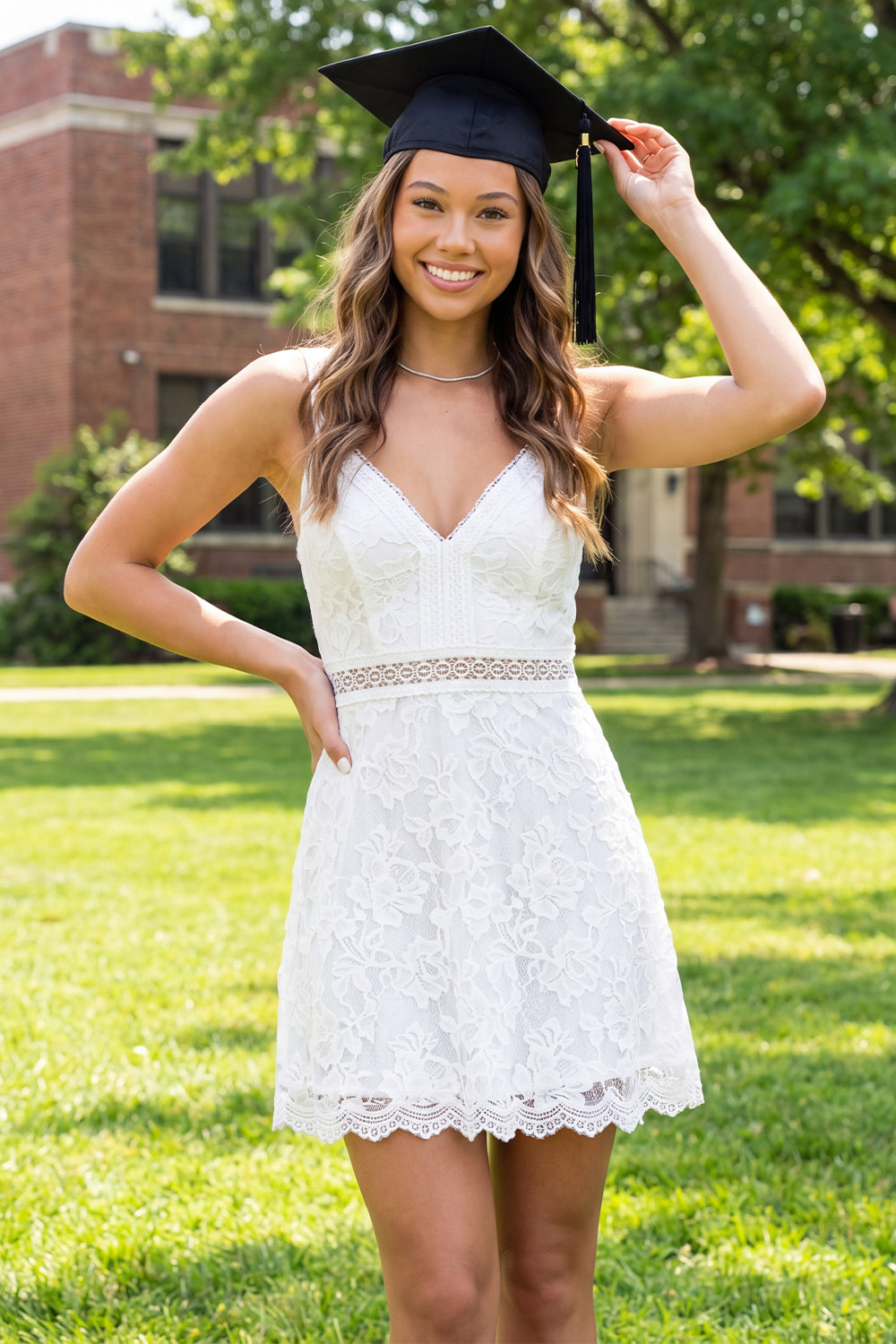 Lace V-Neck White Floral Short A Line Graduation Dress