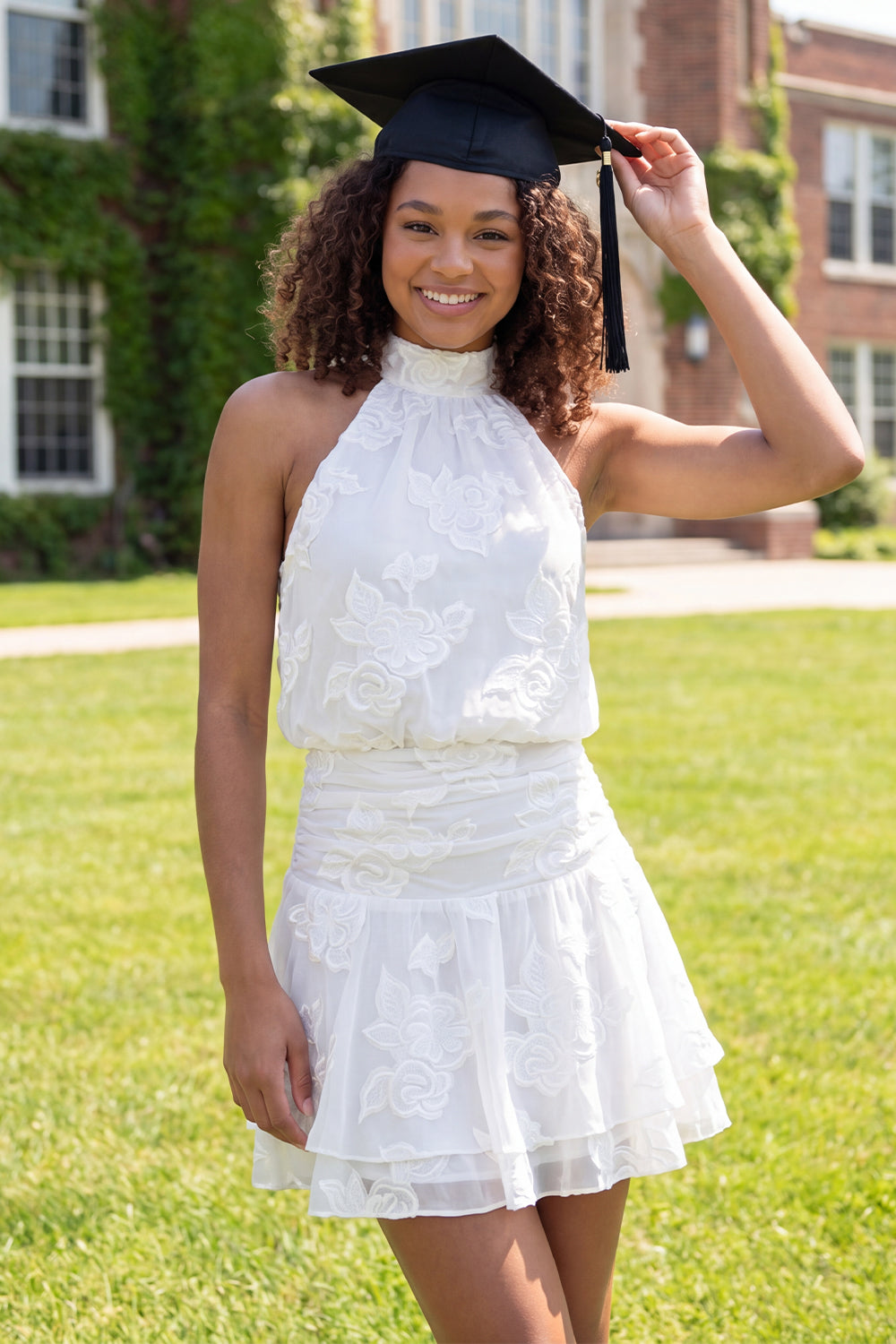 ZAPAKASA Women White Short Floral Graduation Dress with Ruffles High