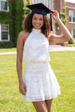 High Neck Floral White Short A Line Open Back Graduation Dress with Ruffles