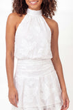 High Neck Floral White Short A Line Open Back Graduation Dress with Ruffles